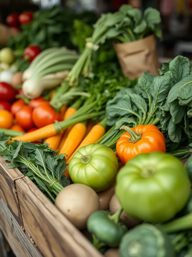 A close-up of fresh organic vegetables in a wooden crate at